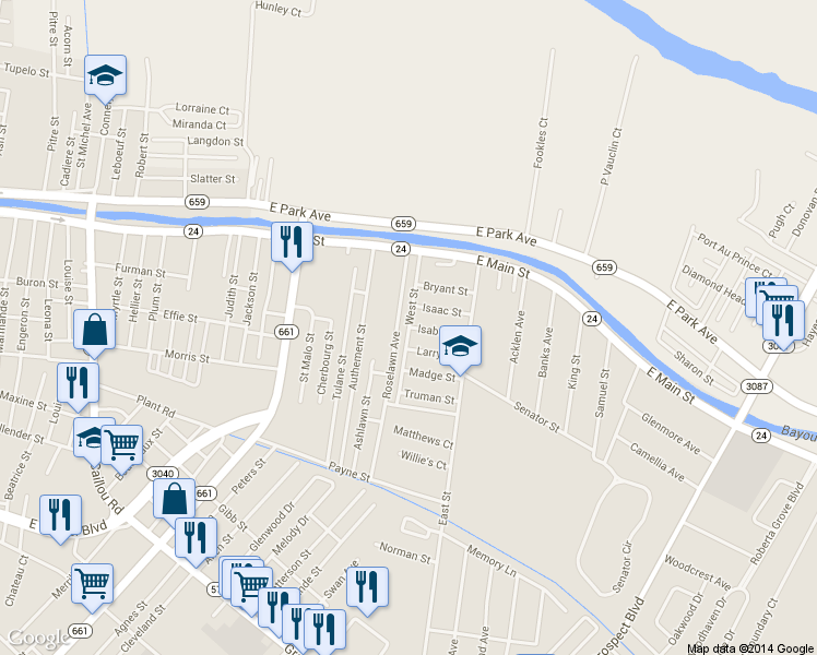 map of restaurants, bars, coffee shops, grocery stores, and more near West Street in Houma