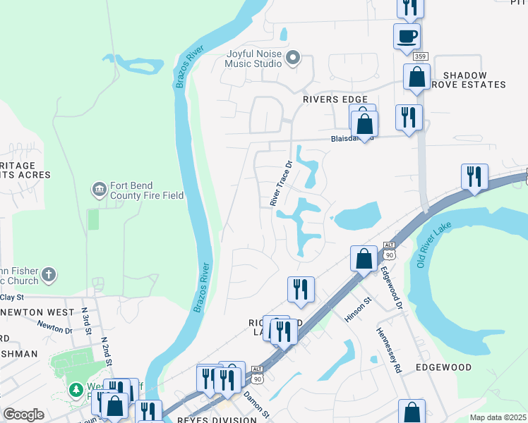 map of restaurants, bars, coffee shops, grocery stores, and more near 126 Copper Stream Lane in Richmond