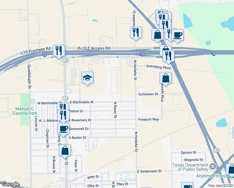 map of restaurants, bars, coffee shops, grocery stores, and more near 2464 North Heideke Street in Seguin