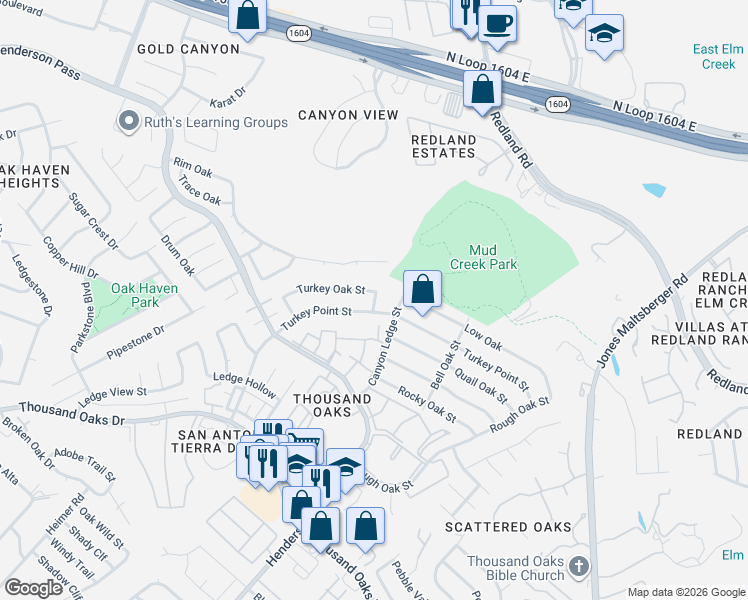 map of restaurants, bars, coffee shops, grocery stores, and more near Ledge Creek Street in San Antonio