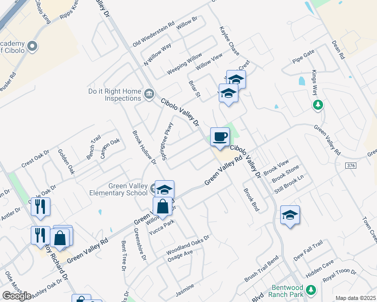 map of restaurants, bars, coffee shops, grocery stores, and more near 160 Springtree Bluff in Cibolo