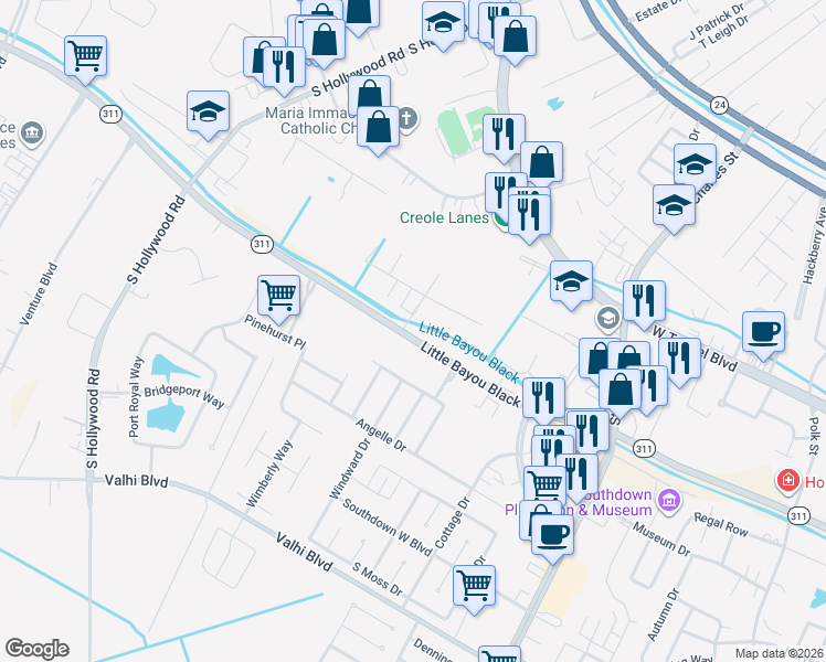 map of restaurants, bars, coffee shops, grocery stores, and more near 5264 Little Bayou Black Drive in Houma