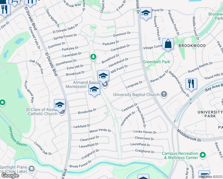 map of restaurants, bars, coffee shops, grocery stores, and more near 16207 Shady Elms Drive in Houston