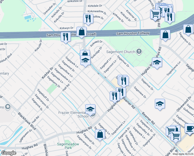 map of restaurants, bars, coffee shops, grocery stores, and more near 12071 Beamer Road in Houston