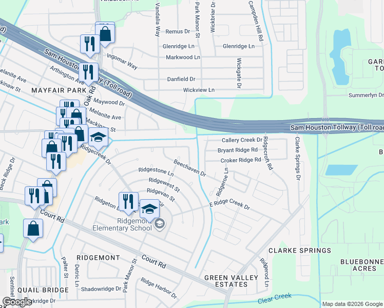 map of restaurants, bars, coffee shops, grocery stores, and more near 5034 Castlecreek Lane in Houston