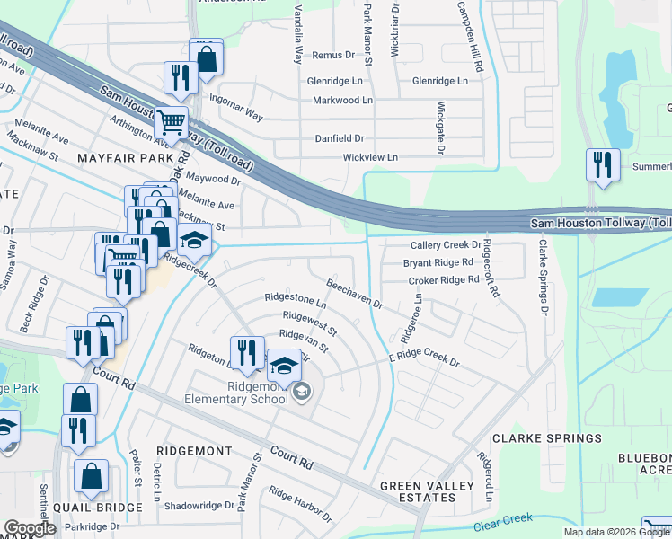 map of restaurants, bars, coffee shops, grocery stores, and more near 5107 Castlecreek Lane in Houston