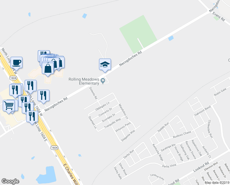 map of restaurants, bars, coffee shops, grocery stores, and more near 17302 Nacogdoches Road in San Antonio