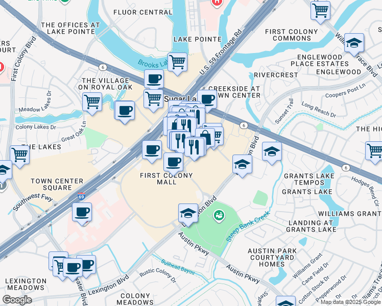 map of restaurants, bars, coffee shops, grocery stores, and more near 2299 Lone Star Drive in Sugar Land