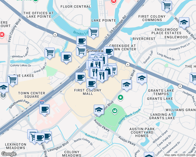 map of restaurants, bars, coffee shops, grocery stores, and more near 2700 Town Center Boulevard North in Sugar Land