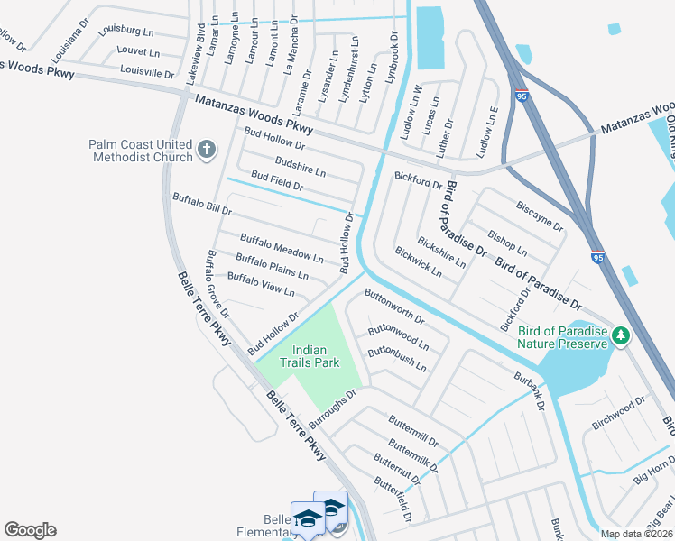 map of restaurants, bars, coffee shops, grocery stores, and more near 1 Buffalo Meadow Lane in Palm Coast