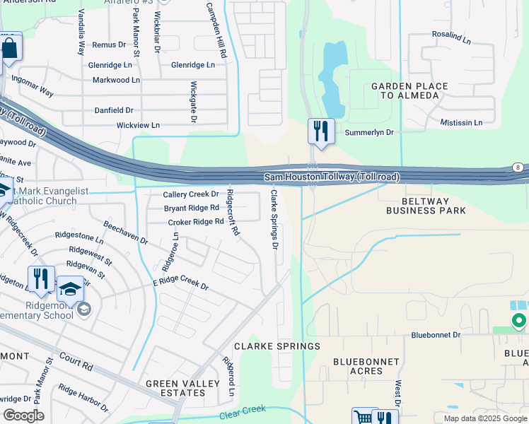 map of restaurants, bars, coffee shops, grocery stores, and more near 15739 Ridgegate Road in Houston