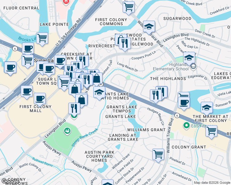 map of restaurants, bars, coffee shops, grocery stores, and more near 2302 Canebreak Crossing in Sugar Land
