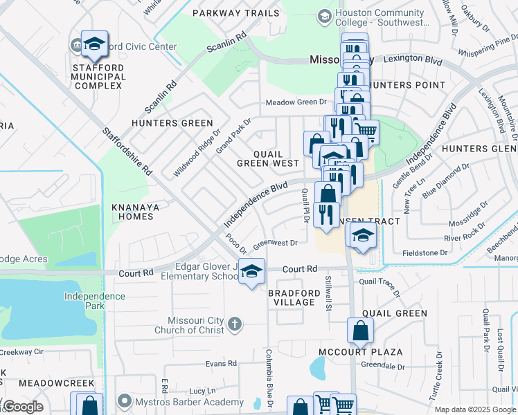 map of restaurants, bars, coffee shops, grocery stores, and more near 1858 Courtside Place Drive in Missouri City