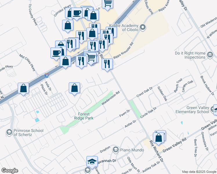 map of restaurants, bars, coffee shops, grocery stores, and more near 4508 Brush Creek Drive in Schertz