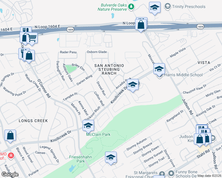 map of restaurants, bars, coffee shops, grocery stores, and more near 15826 Darlington Gap in San Antonio