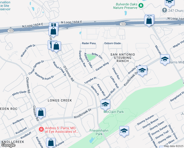 map of restaurants, bars, coffee shops, grocery stores, and more near 17006 Darien Wing in San Antonio