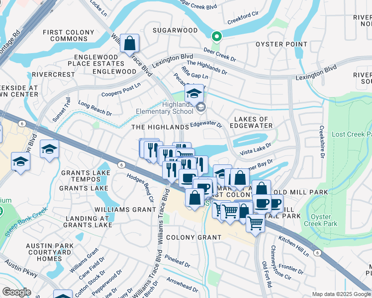 map of restaurants, bars, coffee shops, grocery stores, and more near 2131 Steamboat Run in Sugar Land