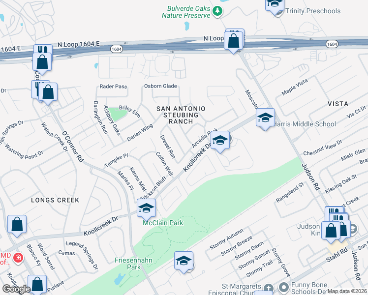 map of restaurants, bars, coffee shops, grocery stores, and more near 15826 Darlington Gap in San Antonio