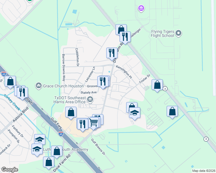 map of restaurants, bars, coffee shops, grocery stores, and more near 590 Farm to Market Road 1959 in Houston