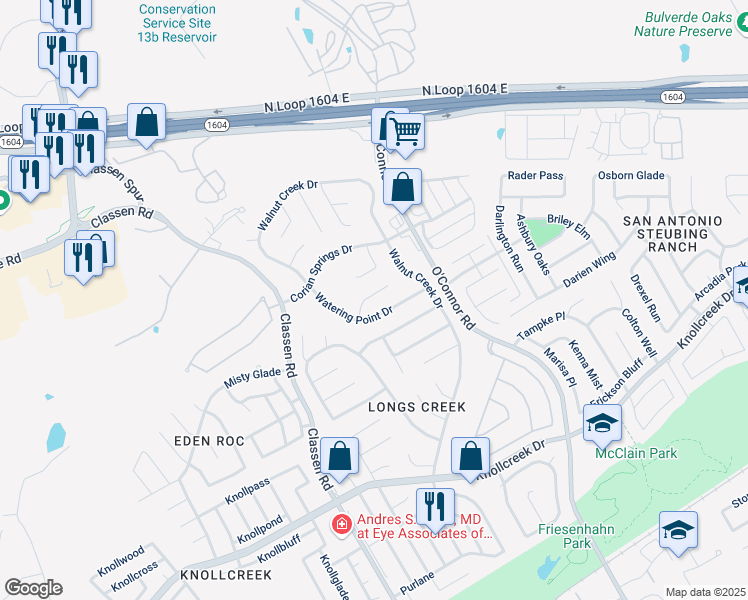 map of restaurants, bars, coffee shops, grocery stores, and more near 4818 Sunlit Well Drive in San Antonio