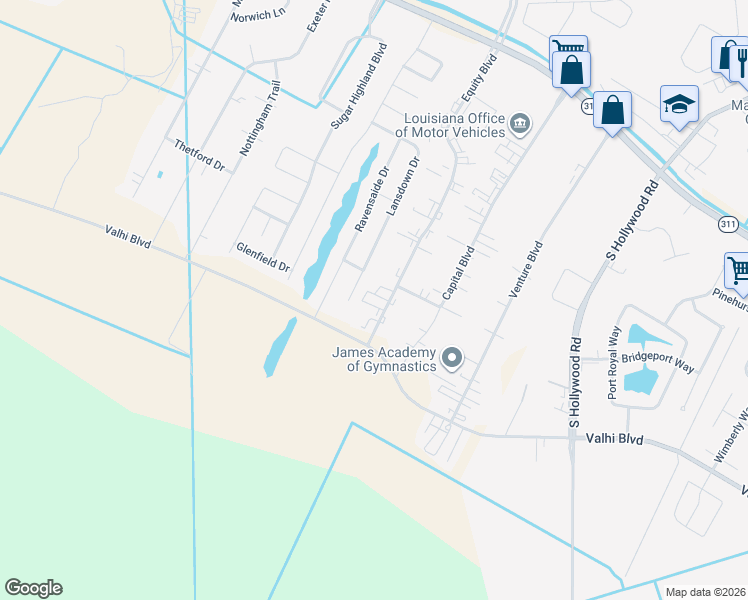 map of restaurants, bars, coffee shops, grocery stores, and more near 340 Equity Boulevard in Houma