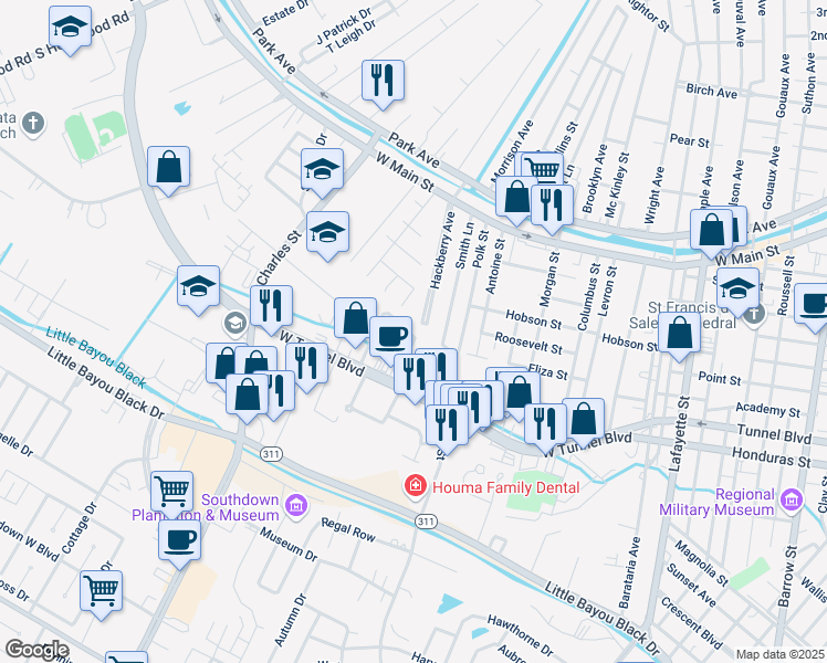 map of restaurants, bars, coffee shops, grocery stores, and more near 198 Hackberry Ave in Houma