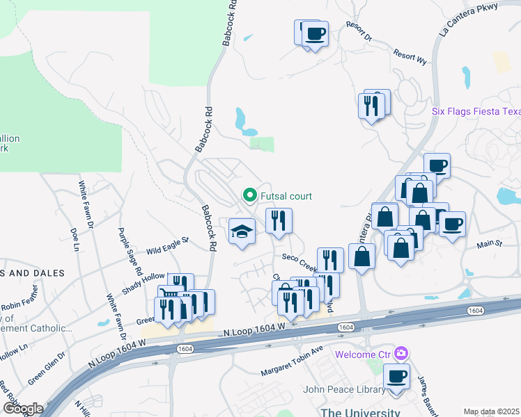 map of restaurants, bars, coffee shops, grocery stores, and more near 15800 Chase Hill Boulevard in San Antonio