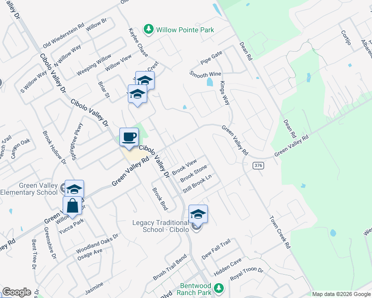 map of restaurants, bars, coffee shops, grocery stores, and more near 128 Brook Shire in Cibolo