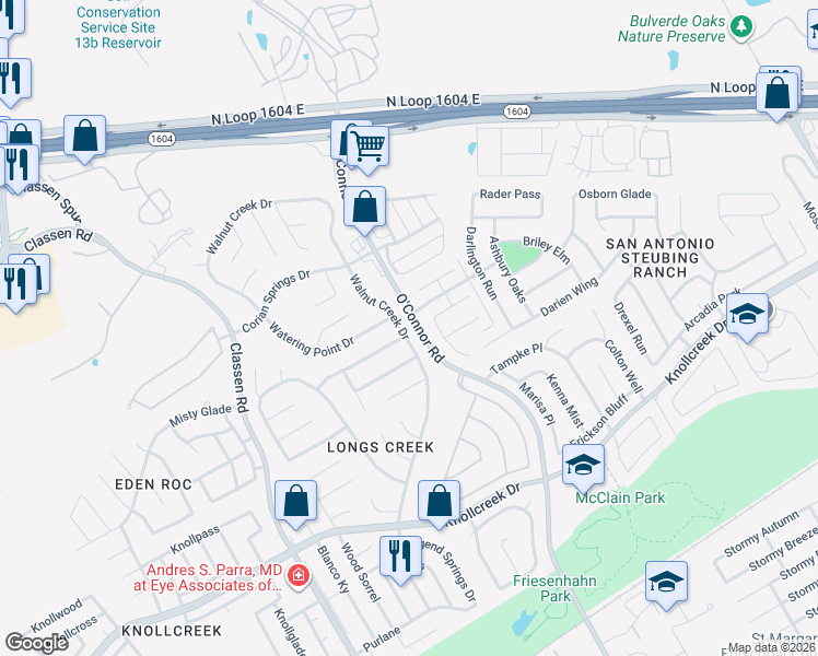 map of restaurants, bars, coffee shops, grocery stores, and more near 17123 Ellington Way in San Antonio