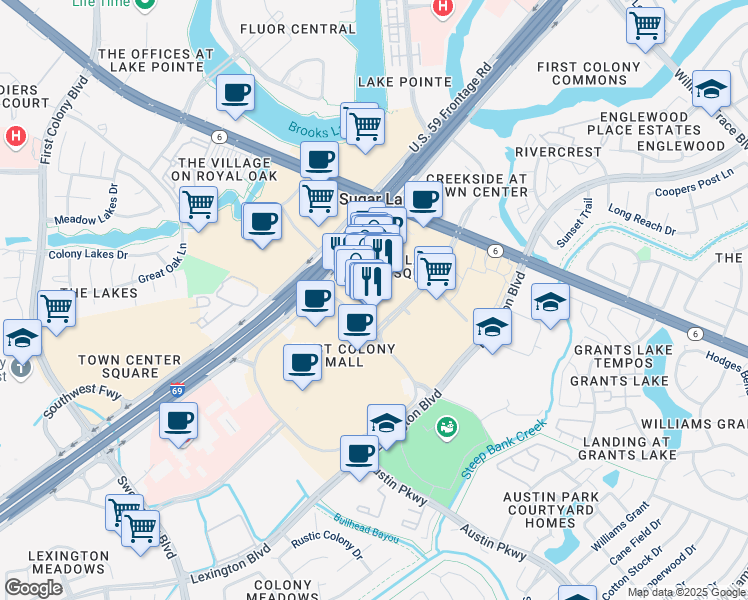 map of restaurants, bars, coffee shops, grocery stores, and more near 2200 Lone Star Drive in Sugar Land