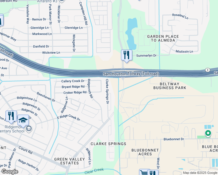 map of restaurants, bars, coffee shops, grocery stores, and more near 15738 Clarke Springs Drive in Houston
