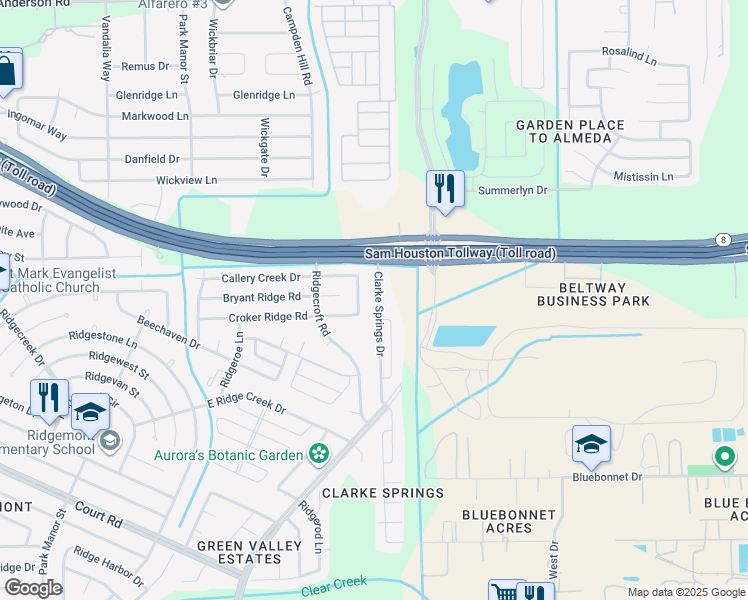 map of restaurants, bars, coffee shops, grocery stores, and more near 15738 Clarke Springs Drive in Houston