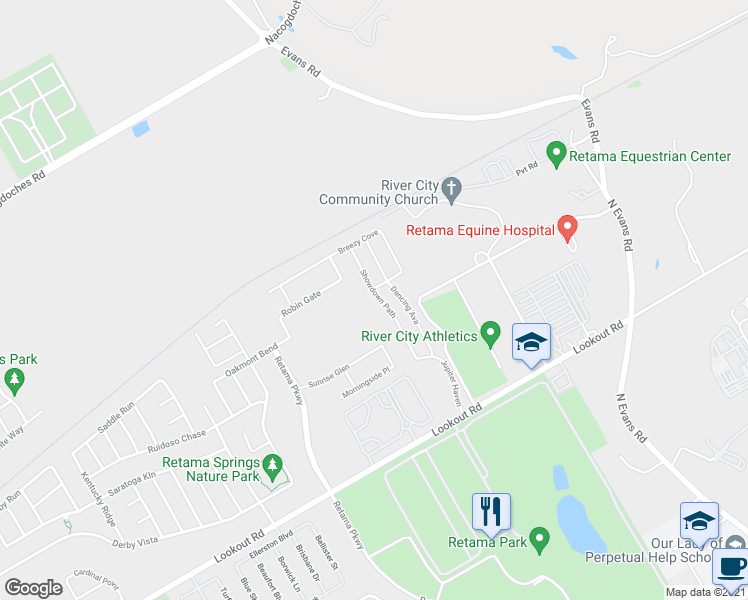 map of restaurants, bars, coffee shops, grocery stores, and more near 16845 Showdown Path in Selma