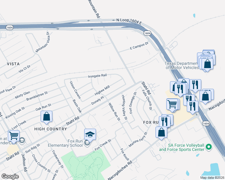 map of restaurants, bars, coffee shops, grocery stores, and more near 6307 Donely Place in San Antonio