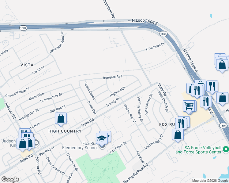 map of restaurants, bars, coffee shops, grocery stores, and more near 17010 Cortland Ridge in San Antonio