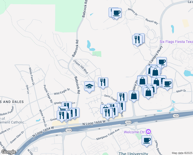 map of restaurants, bars, coffee shops, grocery stores, and more near 15800 Chase Hill Boulevard in San Antonio
