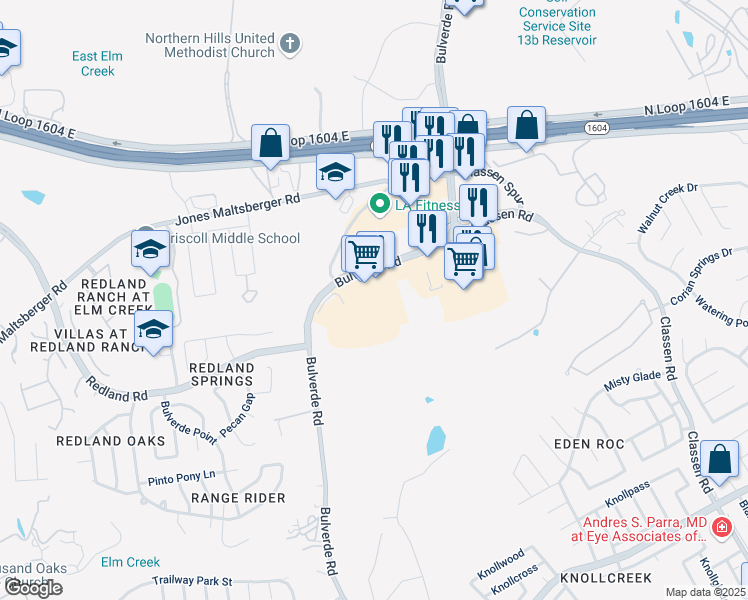 map of restaurants, bars, coffee shops, grocery stores, and more near 17038 Bulverde Road in San Antonio