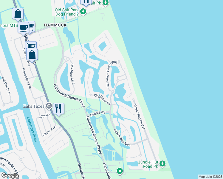 map of restaurants, bars, coffee shops, grocery stores, and more near 54 Ocean Way North in Palm Coast