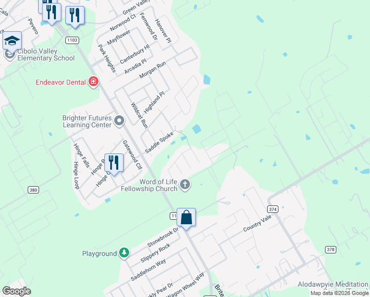 map of restaurants, bars, coffee shops, grocery stores, and more near 308 Rustic Tr in Cibolo