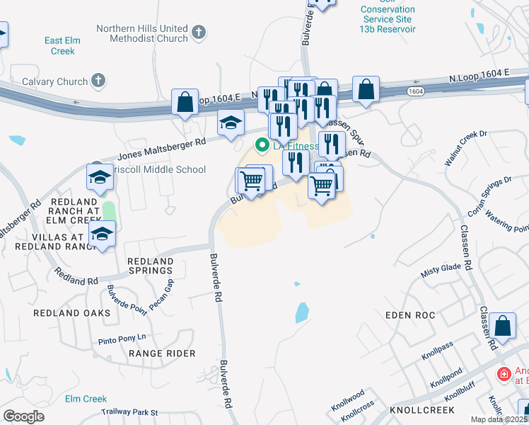 map of restaurants, bars, coffee shops, grocery stores, and more near 17083 Bulverde Road in San Antonio
