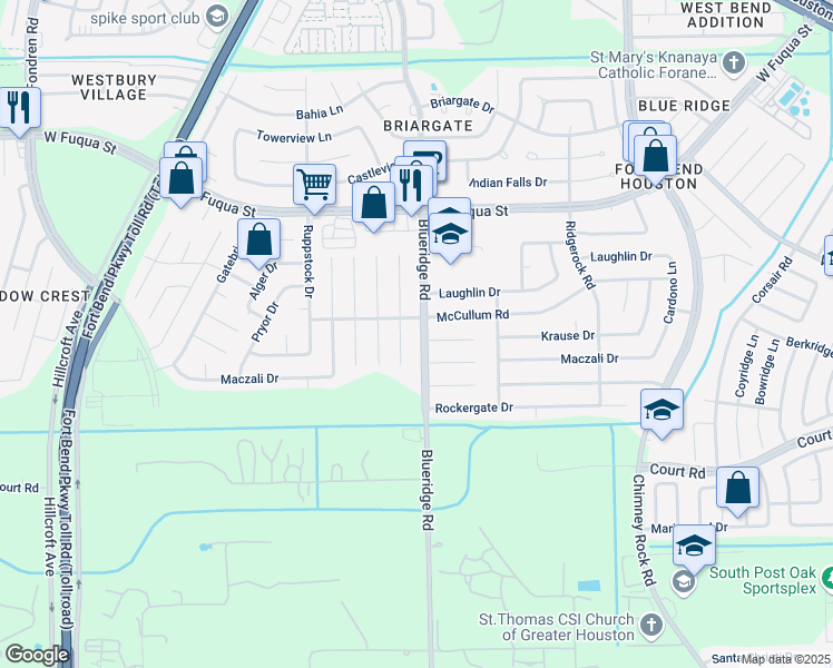 map of restaurants, bars, coffee shops, grocery stores, and more near 15907 Willmore Lane in Missouri City