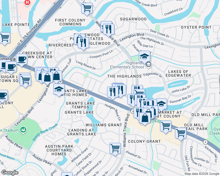 map of restaurants, bars, coffee shops, grocery stores, and more near 2610 Planters Row in Sugar Land