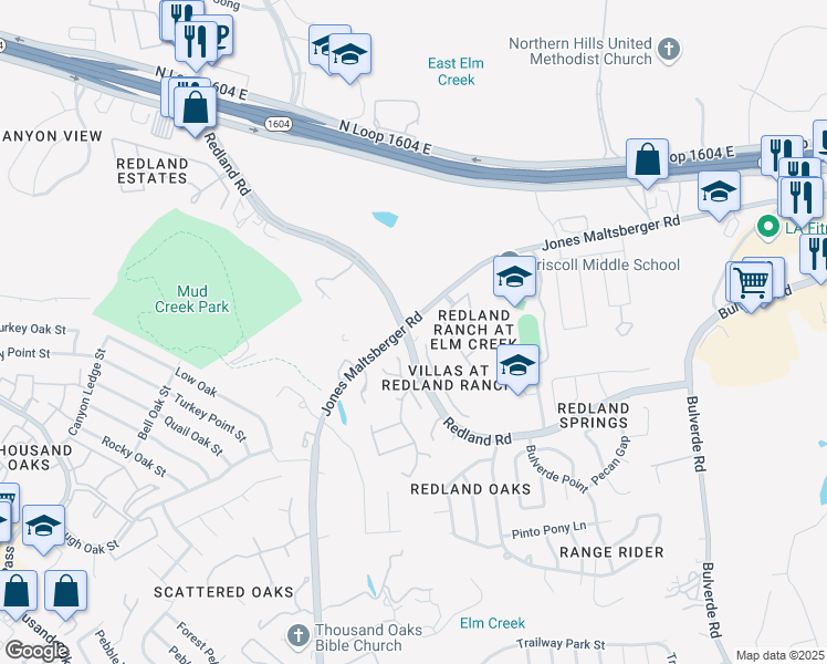 map of restaurants, bars, coffee shops, grocery stores, and more near 17038 Redland Road in San Antonio