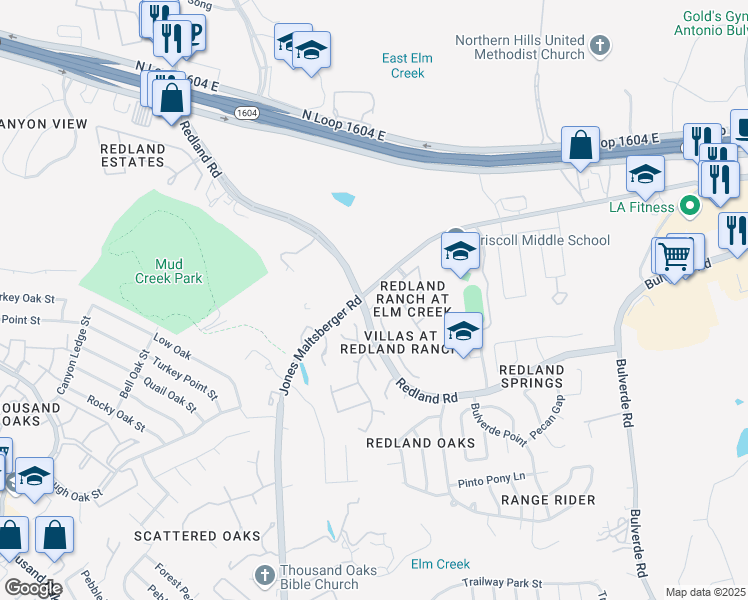map of restaurants, bars, coffee shops, grocery stores, and more near 17038 Redland Road in San Antonio