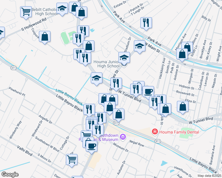 map of restaurants, bars, coffee shops, grocery stores, and more near 315 Saint Charles Street in Houma