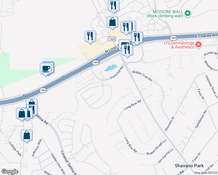 map of restaurants, bars, coffee shops, grocery stores, and more near 365 Regent Circle in San Antonio