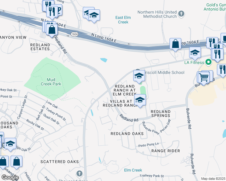 map of restaurants, bars, coffee shops, grocery stores, and more near 3423 Stallion Creek in San Antonio