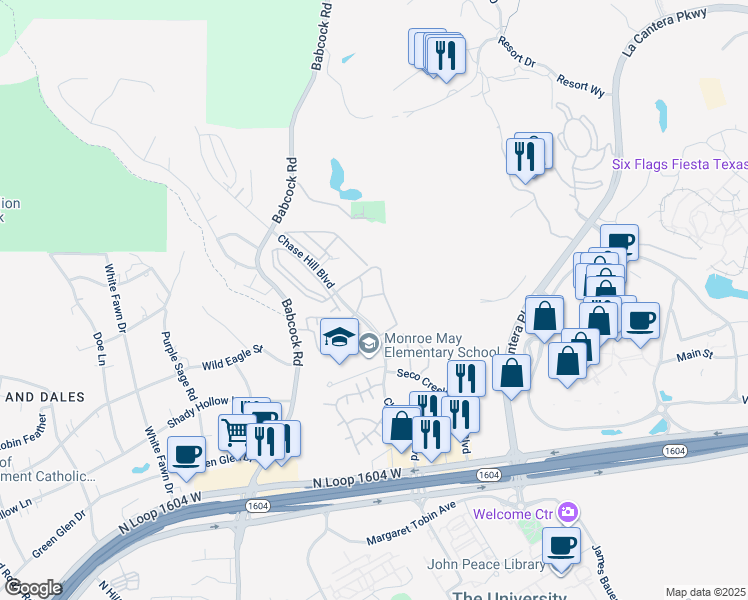 map of restaurants, bars, coffee shops, grocery stores, and more near 15800 Chase Hill Boulevard in San Antonio
