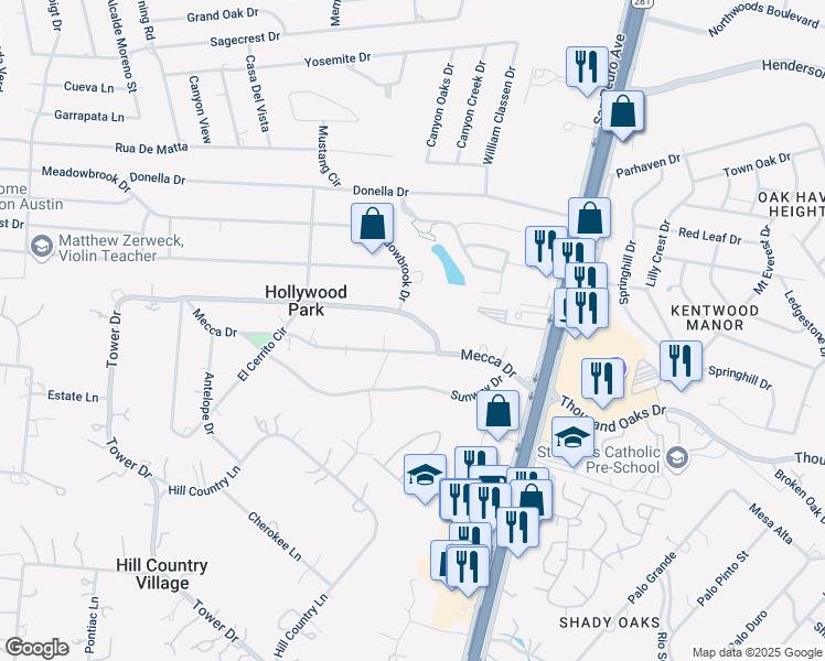 map of restaurants, bars, coffee shops, grocery stores, and more near 104 Sequoia in San Antonio