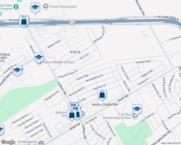map of restaurants, bars, coffee shops, grocery stores, and more near 5839 Misty Glen in San Antonio